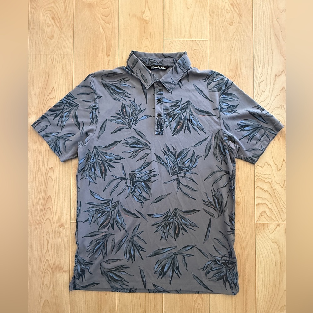Travis Mathew Gray and Blue Leaf Print Polo Golf Shirt size Medium Like New